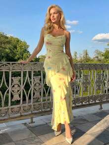 Women's Elegant Yellow Floral Spaghetti Strap Ruffled Midi Dress, Chic Sexy Summer Dress, Romantic Garden Party Outfit - Yellow - View 3