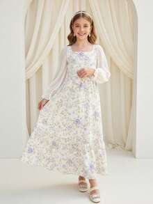 Girls' Long Sleeve Ditsy Floral Dress, Casual Style - Apricot - View 1