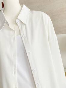 Women's Solid Color Loose Turndown Collar Button-Up Shirt, All Season - White - View 10