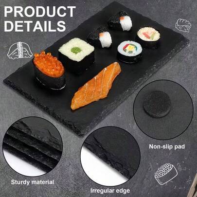 2个30厘米 x 15厘米天然石板餐盘，底部防刮，适用于酒吧展示、厨房装饰、餐具摆放、户外野餐DIY、涂鸦、激光雕刻、熟食拼盘、寿司牛排盘、黑色西式创意餐具、日式烧烤盘、餐厅及酒店餐具配件