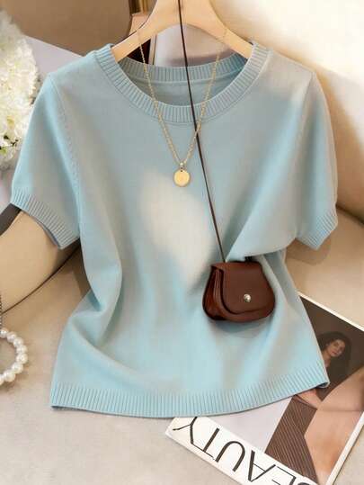Soft Knit Short Sleeve Sweater, Minimalist Elegant Slimming Blouse. Ice Silk Knit Fabric, Breathable And Skin-Friendly. Classic Round Neck Design, Versatile For Spring/Summer Casual, Commute, Leisure, Dating, Party And Holidays.