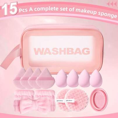 15-Piece Beauty Sponge Set: Includes 4 Ultra-Soft, Non-Absorbent Beauty Sponges, 2 Facial Cleansing Pads, 4 Portable Makeup Sponges (Thumb-Shaped And Triangular), A Brush Cleaner Bowl, And A Makeup Headband; Also Includes A Portable Letter-Print Cosmetic Bag And Wrist Strap-A Complete, Soft, Skin-Friendly, And Portable Set.