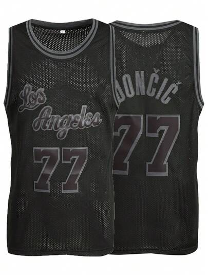 Men's No.77 Black Basketball Jersey, Casual Embroidered Stitched Round Neck Sports Top, Suitable For Party Wear