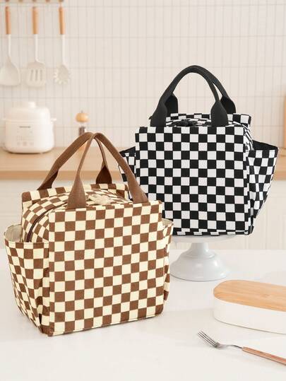 1pc Plush Plaid Insulated Lunch Bag, Classic Corduroy Large Capacity Insulated Tote Bag With Side Pocket, Leak-Proof Portable Cooler Bag For Office, Work And School Meals, Women Lunch Box Bag, Student Supplies Accessory, Fashion Daily Food Storage Bag For Winter