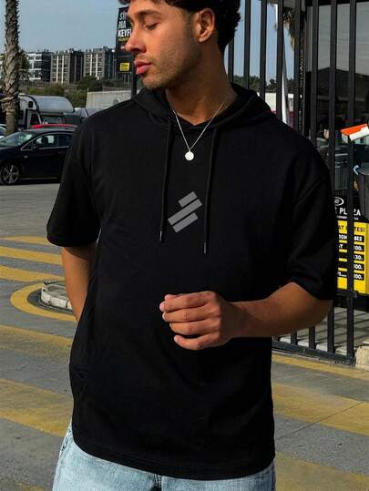 هودي رجالي بأكمام قصيرة مطبوع عليه تصميم بسيط، مناسب للرياضة الخارجية والملابس الكاجوال في الصيف