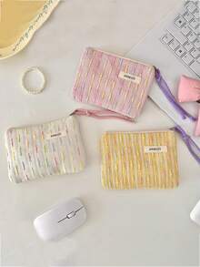 1个可爱条纹帆布拉链化妆包，女士旅行收纳包，铅笔盒，大容量化妆刷收纳包，旅行洗漱包，印花化妆包，化妆品旅行收纳包，带拉链的礼品配件 - 彩色 - 查看 9