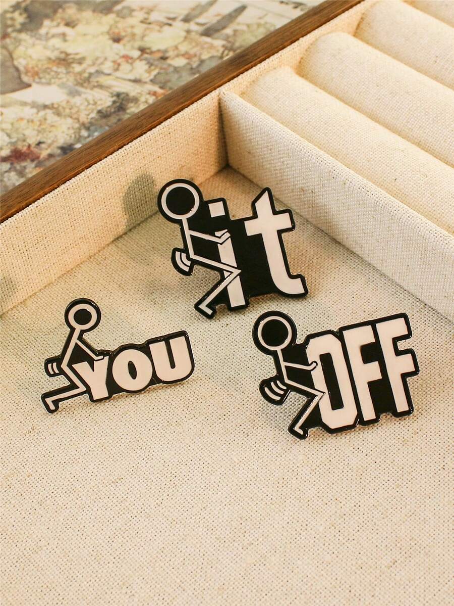 3pcs Creative Cartoon Matchstick Figure Shaped Black & White Enamel Pin Set, Personalized Funny English Letter Metal Brooch Accessories - Black and White - View 1