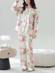 女士两件套开衫睡衣套装，长袖上衣和长裤，柔软舒适，适合春秋季穿着。 - 白色 - 查看 3