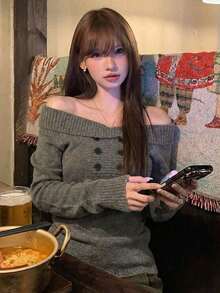[Y6Y] Women's Spring Elegant Off-Shoulder Knit Sweater, Long Sleeve Fitted Style Versatile Pullover Top - Coffee Gray - View 2