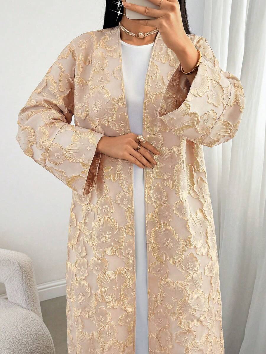 Women's Elegant Jacquard Flare Sleeve Loose Arabic Abaya Robe - Dusty Pink - View 1