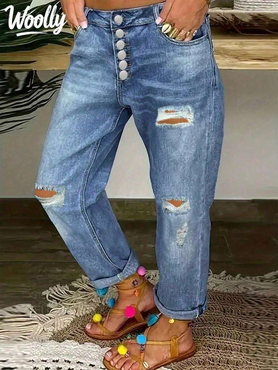 Single Breasted Distressed Rolled Hem Straight Leg Jeans - Light Wash - View 1