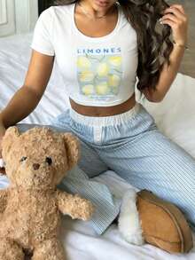 Nina Bonheur 2pcs Women Printed Round Neck Short Sleeve Top + Elastic Waist Straight Pants Pajama Set - Blue - View 4