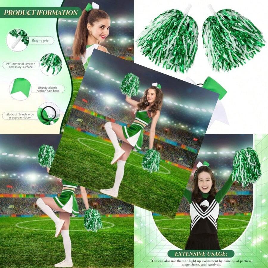 3 Pcs Cheerleading Pom Poms And Large Cheerleader Hair Bow Foil Pompoms Cheer For Team Cheering Squad Dance Rooters Accories - Metallic - View 1