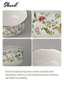 shoxil 5件套带盖嵌套式储物碗套装，搅拌碗套装，花鸟印花珐琅沙拉蔬菜水果备料碗，金属备料碗，适用于烘焙、准备、烹饪和盛放食物，适合家庭/聚会/餐厅/露营/野餐 - 碗 - 查看 3