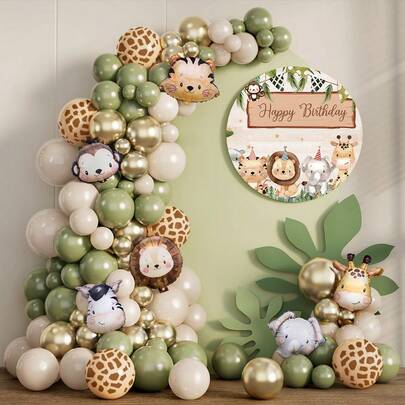 104 piezas Kit de arco de globos con animales, guirnalda de globos verde aguacate e marfil con globos de aluminio con diseños de animales, adecuado para decoración de fiesta de cumpleaños con tema de animales, fiesta de la selva, baby shower, eventos festivos