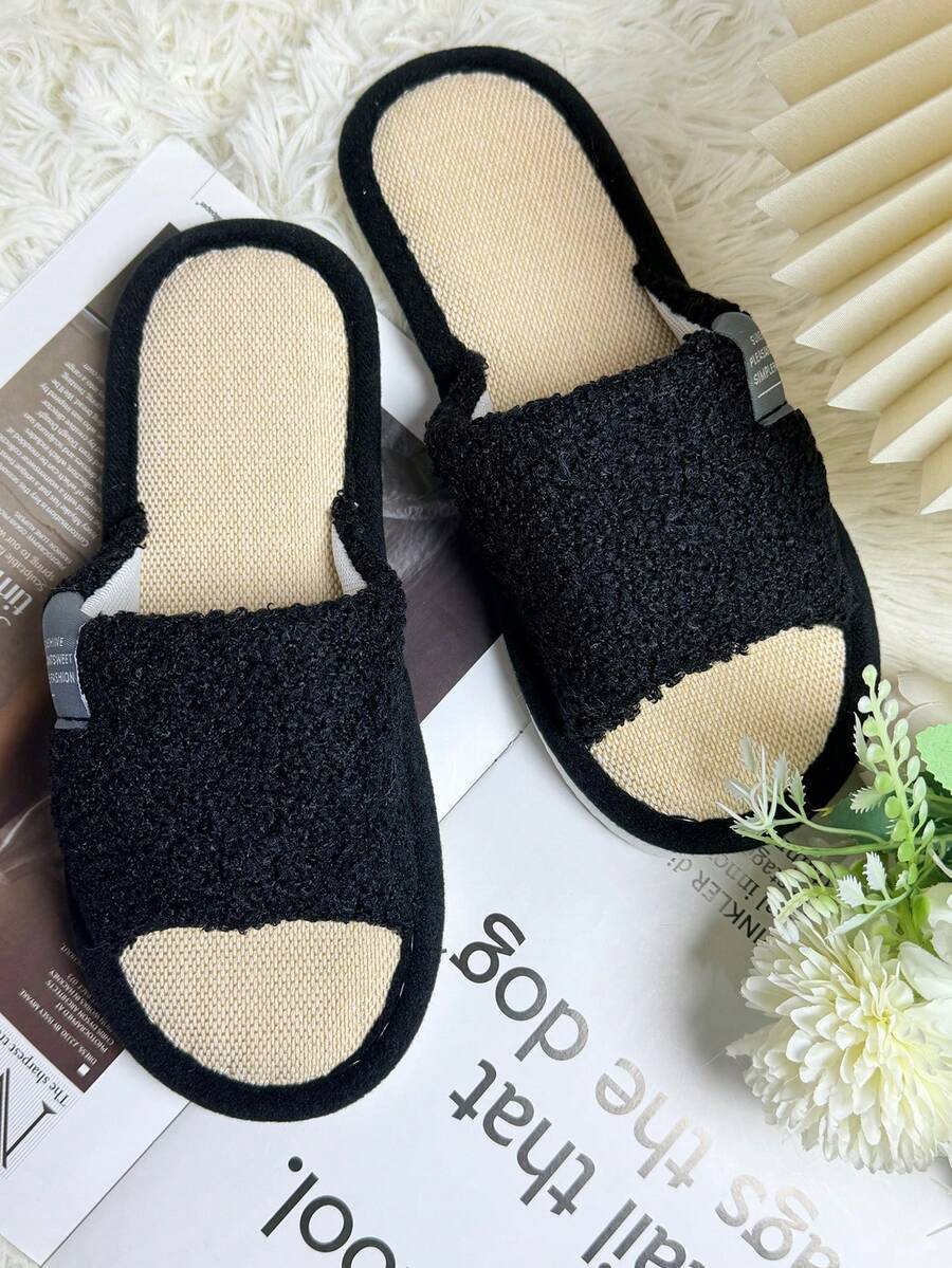 Men's Linen Breathable Moisture-Wicking Open-Toe Flat Slippers, Unisex Casual Home Slippers For Spring/Summer, Black & White Color Blocking - Black - View 1