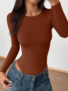 Women Spring Bodysuits For Long Sleeve Shirts Fitted Basic Ribbed Layering Bodys Tops Fall Fashion Winter Clothes Caramel Vacation Rompers Outfits For Women - Caramel - View 6