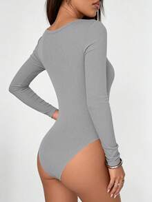 Women Spring Bodysuits For Long Sleeve Shirts Fitted Basic Ribbed Layering Bodys Tops Fall Fashion Winter Clothes Grey Vacation Rompers Outfits For Women - Grey - View 2