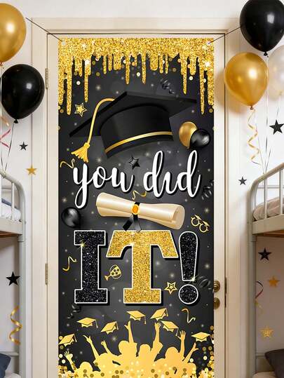 2026 Graduation Season Black & Gold "You Did It" Doorway Curtain, Graduation Cap & Certificate Themed Door Hanging, Graduation Ceremony Decor, Student Graduation Party Backdrop, Black & Gold Glitter Graduation Doorway Curtain