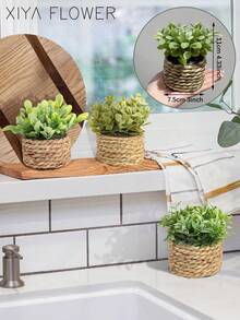 3 chậu cây mini giả mây, đan bằng dây rong biển, 3 kiểu dáng khác nhau, màu xanh lá cây, làm từ chất liệu PE, thích hợp để trang trí bàn làm việc, ký túc xá, ngày Valentine, văn phòng hoặc nhà cửa, cũng là món quà tuyệt vời cho bạn bè và gia đình. - Xanh-O - Xem 8