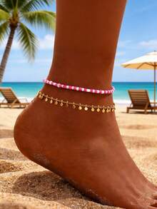 2pcs Fashionable, Sexy & Elegant Beaded Chain Anklets With Tassel Pendants, Suitable For Beach, Casual, Party, Music Festival Outfits (Colorful Beads Randomly Arranged, Handmade Chain Length, Random Number Of Round Pendants) - Hot Pink - View 4