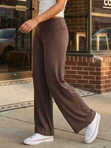 Pantalones Anchos para Mujer de Color Sólido, Cintura Alta y Borde Doblado, Elegantes para Citas y Uso Casual de Verano - marrón café - Ver 5