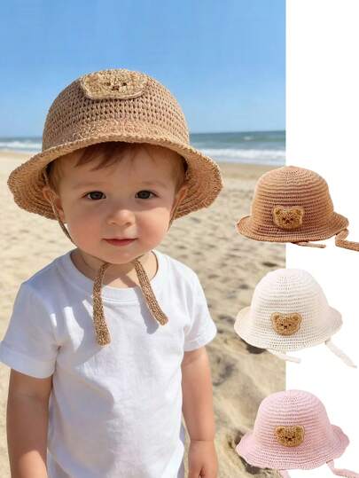 1pc Kids/Baby Bear Decor Wide Brim Knitted Sun Hat, Unisex Summer Beach Hat For Toddlers