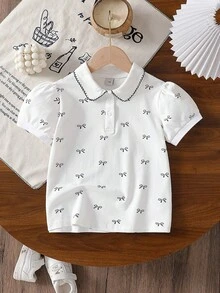 Camisa polo con lazo para niñas, camiseta de manga corta, estilo escolar, para verano - Blanco - Ver 1