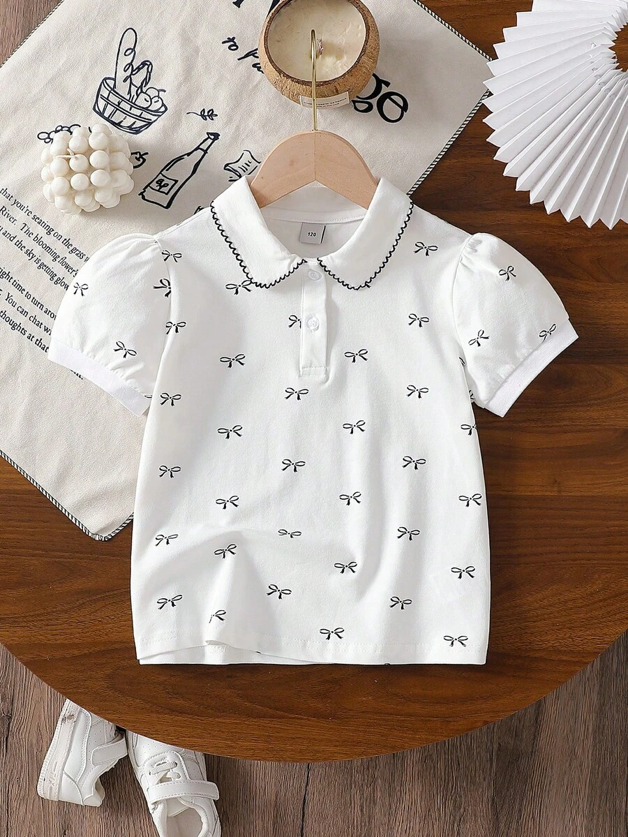 Camisa polo con lazo para niñas, camiseta de manga corta, estilo escolar, para verano - Blanco - Ver 1