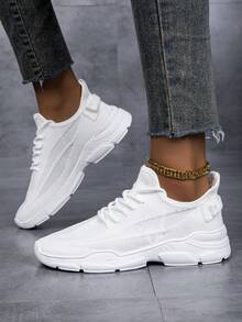 Women's Casual Fashion White Slip-On Athletic Shoes, Outdoor Breathable Running Sneakers With Mesh Lace-Up - White - View 1