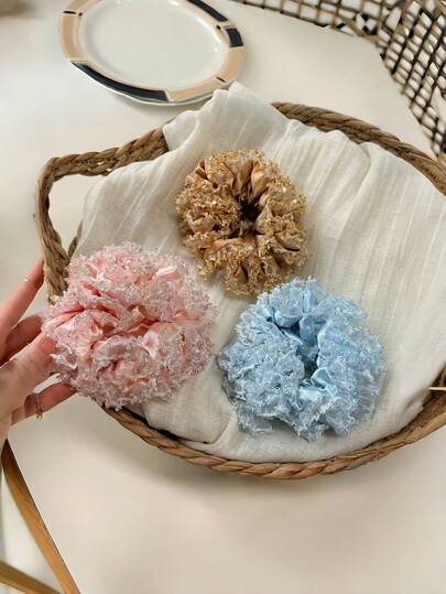 1个/3个装 花卉印花波西米亚风涤纶缎面亮片网纱多层发圈，优雅甜美女士发饰