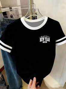 Women's Fashion Summer Colorblock Striped Loose Short Sleeve T-Shirt, Stylish Printed Pattern Casual Round Neck Blouse - Black and White - View 1