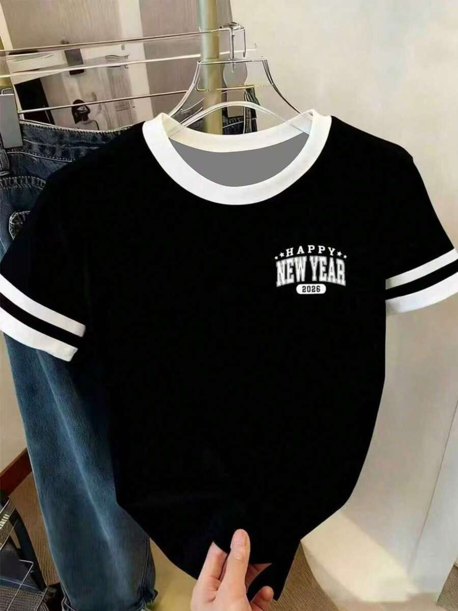 Women's Fashion Summer Colorblock Striped Loose Short Sleeve T-Shirt, Stylish Printed Pattern Casual Round Neck Blouse - Black and White - View 1