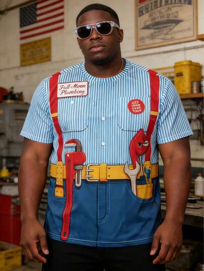 Funny Tool Print Plus Size Men Short Sleeve T-Shirt Summer Striped Ombre 2 In 1 Print Plus Size Crew Neck T-Shirt, Casual Personalized Street Fashion Tops