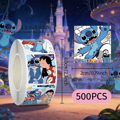 500 piezas/Rollo Pegatinas de Stitch de Disney, 8 patrones, rollo de pegatinas de dibujos animados lindos de Stitch - Cinta decorativa de dibujos animados, diseño con tema de dibujos animados, tono de color suave, pegatinas adorables para decoración DIY en cuadernos, portátiles, equipaje, refrigeradores, bicicletas, regalos encantadores, adecuado para manualidades, envoltura de regalos, decoración de teléfonos y tazas, temas de cumpleaños y proyectos DIY, regalos divertidos