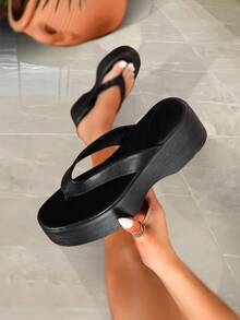 Women's Thick Sole Flip Flops, Casual&Simple Thong Sandals, Comfortable Soft Platform Sandals, Fashionable Pool Shoes For Shopping,Walking,Beach Party - màu đen - Xem 1