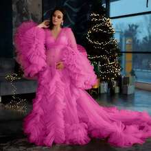 Elegant Maternity Dress Size XS S M L XL 2XL 3XL 4XL For Photoshoot Photography Mesh Fabric Knot Ruffle Hem Wedding Summer Fall Spring Winter Ruffles Long Sleeves Kimono Pregnant Gowns For Photoshoot Plus Size Gift For Valentine Day - Màu Hồng Tươi - Xem 2