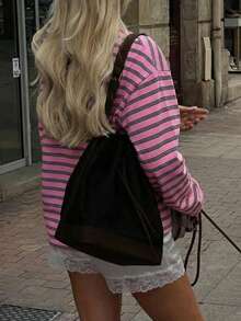 New Fashionable Elegant Round Neck Ribbed Long Sleeve Striped Knit Top Spring - Pink - View 2