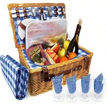 [Envíos locales] Cesta de picnic de exterior con asa, tejida aislada para 4 personas, incluye vajilla, copas de vino y manta, color azul y blanco - Rojo y blanco - Ver 3