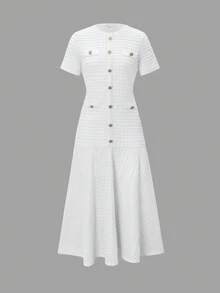 Unadoll 女士春季圆领短袖仿口袋纽扣装饰面料优雅衬衫，适合约会、外出、生日、派对、旅行、情人节等场合，白色夏季款 - 白色 - 查看 4