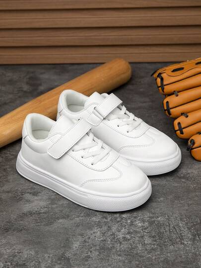Children's Fashion Flat Sports Shoes, PU Leather Surface With Hook And Loop Design, Suitable For Boys And Girls, Solid Color White Casual Shoes, Student Shoes