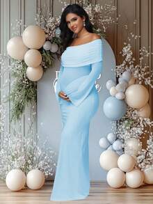 JustVH Maternity Colorblock Mesh Off-Shoulder Dress, Ruched Fishtail Hem, Suitable For Baby Shower, Elegant Stretchy Dress For Photoshoot Spring - Baby Blue - View 5