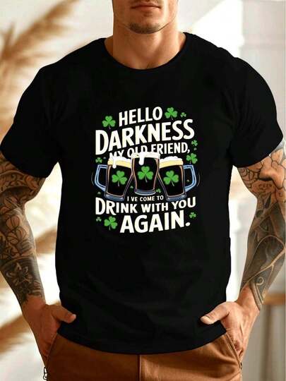 Men's Hello Darkness My Old Friend Graphic Print T-Shirt - Lightweight Summer Crew Neck Tee With Beer Mugs & Shamrocks Design, Casual Short Sleeve Top For St. Patrick's Day & Irish-Themed Parties, Comfortable Fit Shirt, Irish Theme Party, Soft Material, Irish Culture Fans
