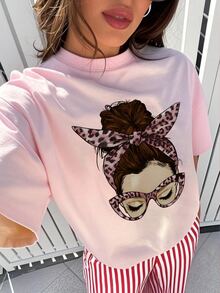 女款圓領短袖基礎 T-shirt，柔軟親膚面料，休閒日常街頭風百搭上衣 - 粉色 - 查看 7