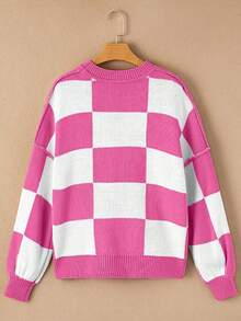 Brown Plaid Bishop Sleeve Elegant Sweater, Long Sleeve Top - 玫紅色 - 查看 6