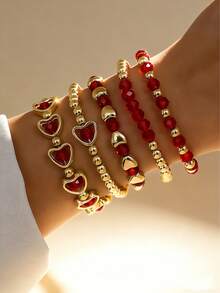 5pcs Vintage Multi-Layer Red Beaded Heart Charm Bracelet Set, Suitable For Women To Wear On Valentine's Day Date, A Gift For Her - Red - View 6