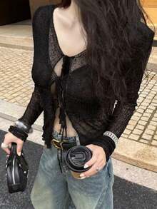 Sexy Sheer Cutout Tie-Front Long Sleeve Knit Cardigan, Suitable For Spring/Summer, Chinese New Year, Valentine's Day, Dates, Vacations, Casual Wear - Black - View 1