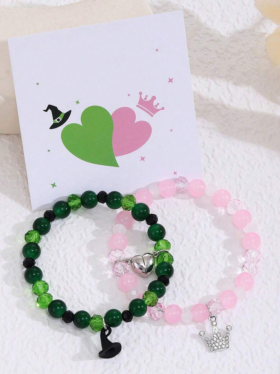 ZIRUISP 一对女王主题友谊手链，皇冠公主玻璃珠饰品，简约Y2K风格，适合音乐节、所有季节、情人节礼物、送给妈妈的礼物、母亲节礼物 - 1對皇冠女巫帽平結編織手鍊 - 查看 1