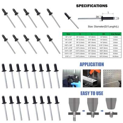 1/8 X 1/4 Inch Aluminum Blind Rivets 3.2 X 6mm  Rivets Black 100 PCS