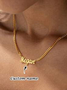 1 Piece Of High-Quality Custom Cuban Name Necklace, Gold-Plated Name Pendant, Customizable With English Name, Personalized Stainless Steel Necklace, Name Necklace, Custom Necklace, Women's Necklace, Women's Jewelry, Christmas Gift, Valentine's Day Gift, Personalized Gift, Unique Gift For Couples, Friends, Family, Anniversaries, Birthdays. - Multicolor - View 2